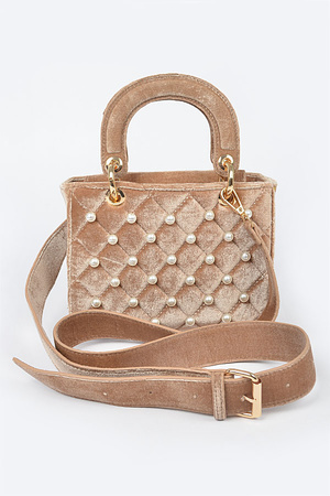 Quilted Velvet Crossbody Bag W/Pearl
