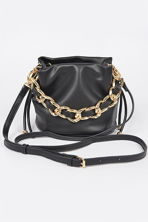 Faux Leather Bucket Bag W/Oversized Chain