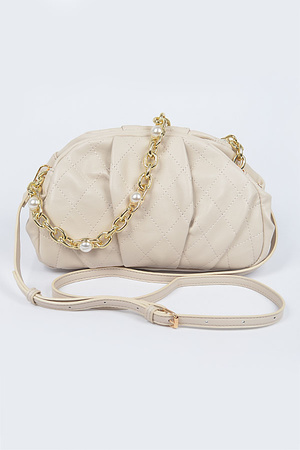 Quilted Pleated Bag W/Pearl Chain