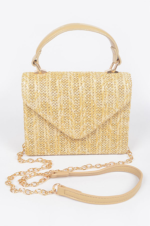 Faux Straw Top Handle Flap Bag