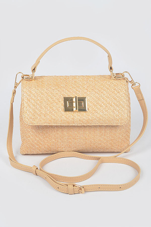 Faux Straw Top Handle Flap Bag