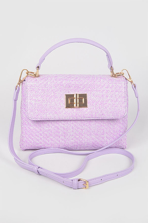 Faux Straw Top Handle Flap Bag