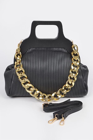 Pleated Wooden Handle Chain Bag