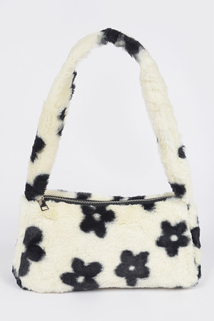 Faux Wool Flower Print Shoulder Bag