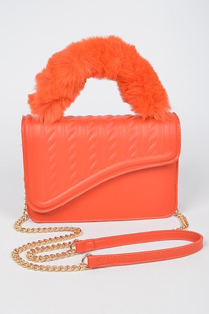 Furry Handle Textured Flap Bag