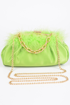 Faux Leather Chain Handle Clutch W/Feather