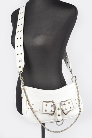 Faux Leather Stud Double Buckles Shoulder Bag