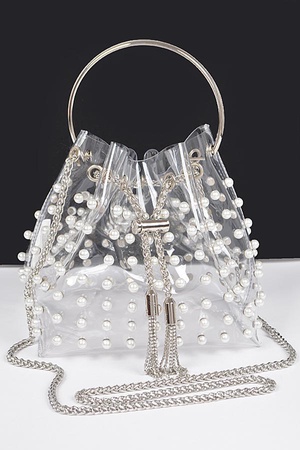 Clear Pearl Stud Bucket Bag W/Chain Tassle