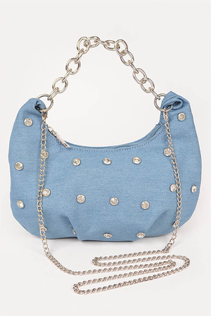 Denim Stone Stud Chain Handle Bag