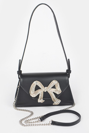 Vegan Leather Shoulder Bag W/Big Metal Ribbon