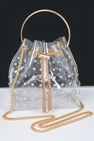 Faux Pearl Studded Bucket Bag W/Metal Handle