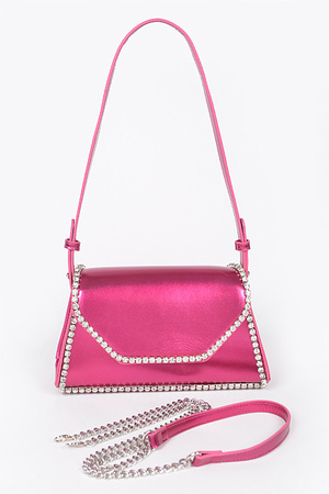 METALLIC PU FLAP BAG W/RHINESTONE