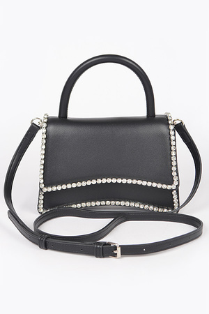 Faux Leather Top Handle Flap Bag w/Rhinestone