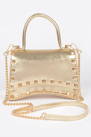 Metallic Faux Leather Studded Top Handle Clutch