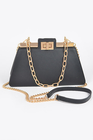 Faux Leather Chain Handle Double Pocket Bag