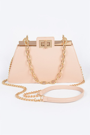 Faux Leather Chain Handle Double Pocket Bag