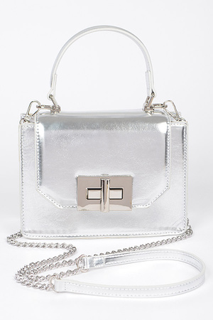Metallic Faux Leather Top Handle Clutch