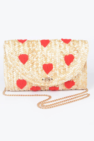 Heart Embroidery Straw Clutch