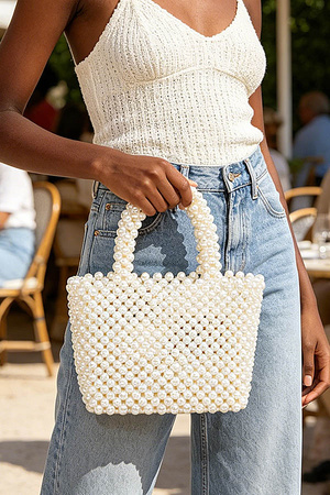 Hand Made Faux Pearl Bead Small Tote Bag