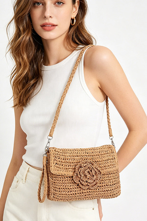 Faux Straw Handmade Flower Flap Clutch