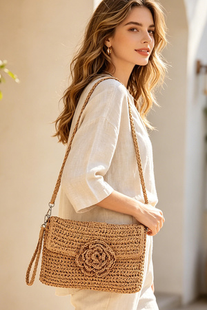 Faux Straw Handmade Flower Flap Clutch