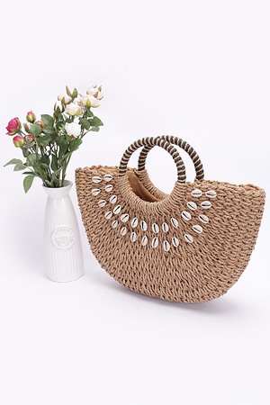 Faux Straw Handmade Shell Embellished Bag