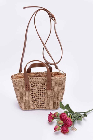 Faux Straw Top Handle Small Tote Bag