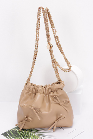 Faux Leather Multi Ribbon Bucket Chain Crossbody Bag