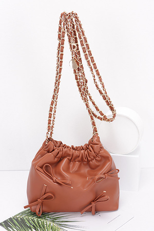 Faux Leather Multi Ribbon Bucket Chain Crossbody Bag