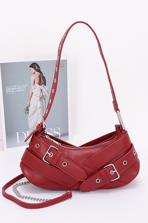 Faux Leather Multi Buckles Shoulder Bag