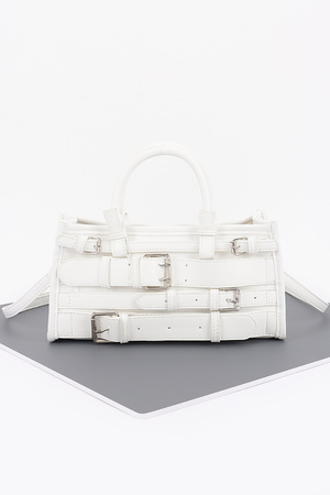 Faux Leather Multi Buckle  Belt Top Handle Zip Bag
