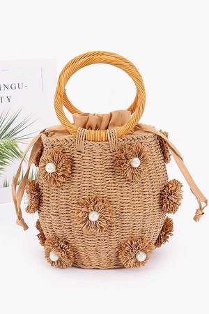 Handmade Faux Straw Handle Bucket Bag