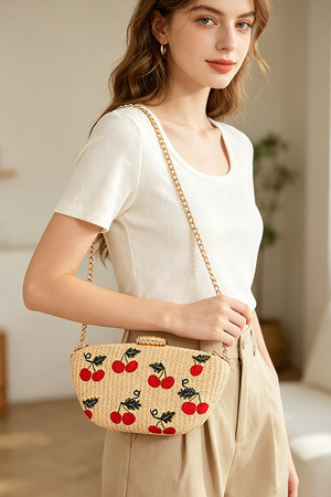 Embroidery Cherry Faux Straw Clutch Bag