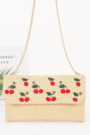 Embroidery Cherry Faux Straw Clutch Bag