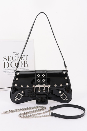 Patent Vegan Leather Studded Baguette Bag