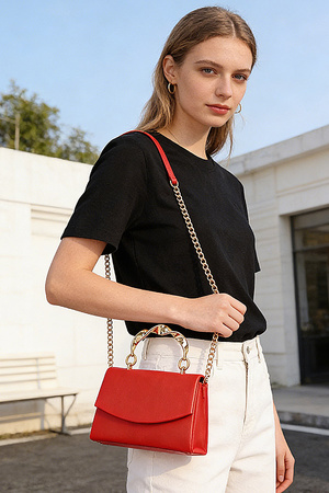 Faux Leather Top Metal Handle Flap Bag