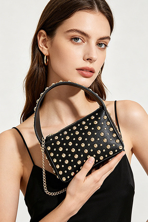 Vegan Leather Metal Studded Top Hanlde Bag