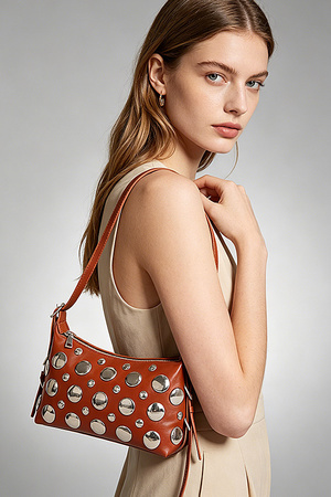 Vegan Leather Metal Studded Shoulder Bag