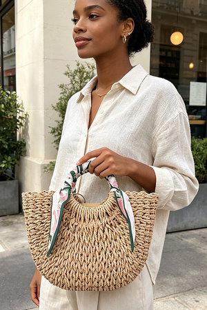 Scarf Decor Woven Straw Tote Bag