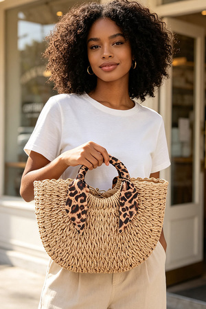 Scarf Decor Woven Straw Tote Bag