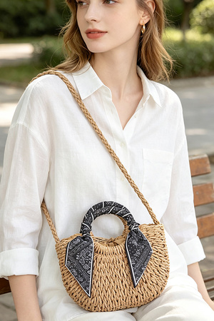 Scarf Decor Half‑Round Straw Crossbody Bag