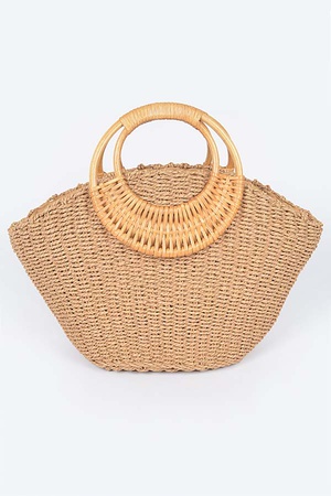 Faux Straw Bamboo Handle Tote Bag