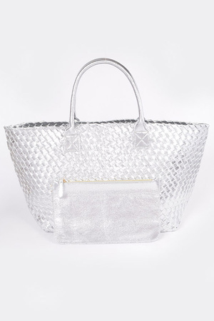 Metallic Faux Leather Braided Tote Bag