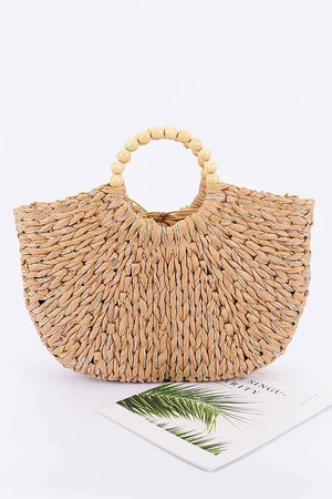 Handmade Faux Straw Wood Beads Handle Tote Bag