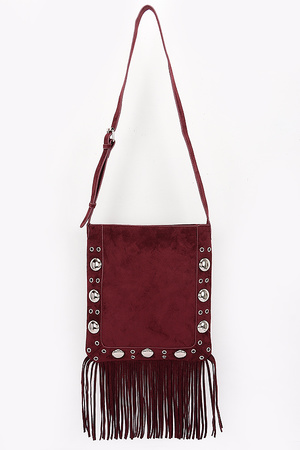 Faux Suede Metal Studded Fringe Bag