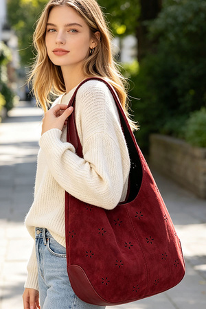 Faux Suede Perforated Hobo Bag