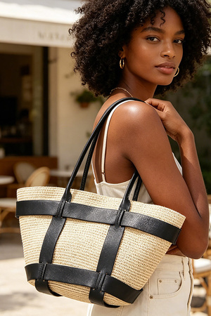 Faux Straw Tote Bag With Pouch