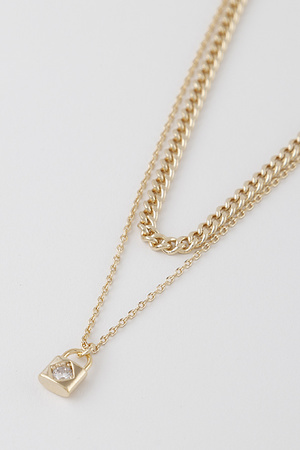 Double Layered Lock Pendant Chain Necklace