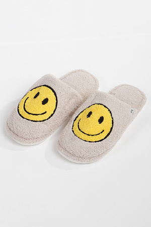 Beige Smiley Face Fur Slippers
