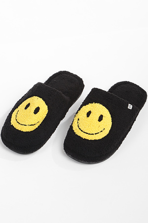 Black Smiley Face Fur Slippers